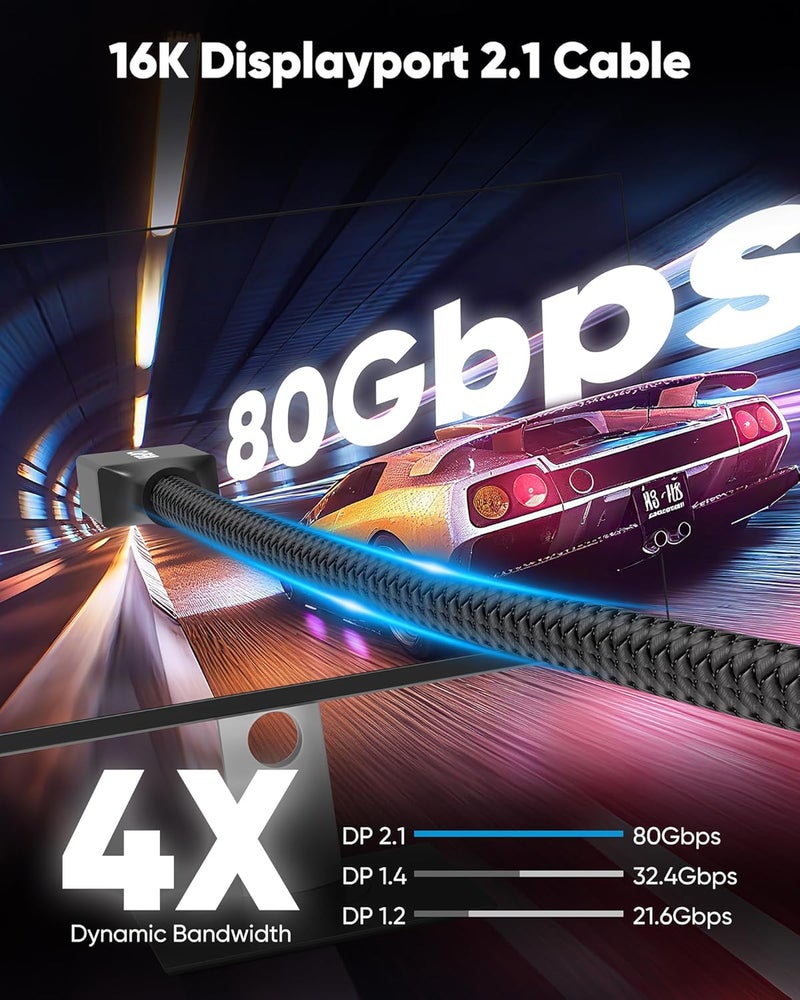 Capshi 80Gbps DisplayPort 2.1 Cable (8K@240Hz, 4K@540Hz 360Hz 240Hz), 16K DP 2.1a Cord, DP80 Display Port Cable for RTX 5090, 7900XTX, Gaming Monitor, HDR/FreeSync/G-Sync (Black, 10 Feet) - Image 2